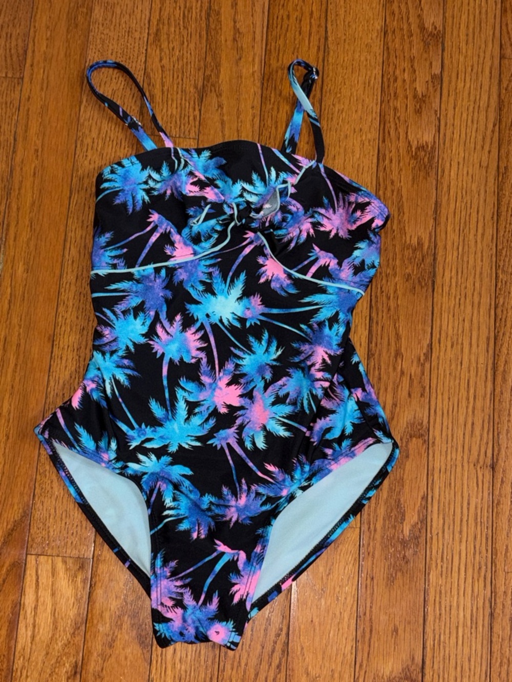 art class Girls' Black One-Piece Swimsuit with Blue & Pink Palm Print